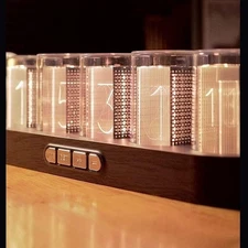 Nixie Tube Clock w/RGB LED & Wood Base - Gaming PC/Bedside Desk Decor