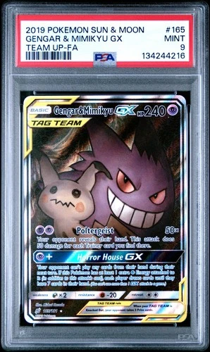 2019 POKEMON SUN & MOON TEAM UP #165 FULL ART/GENGAR & MIMIKYU GX PSA 9