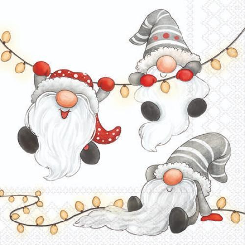Weihnachten Servietten 25X25 Cm 3-Lagig 20 StüCk Gnomes On The Light Chain White-image