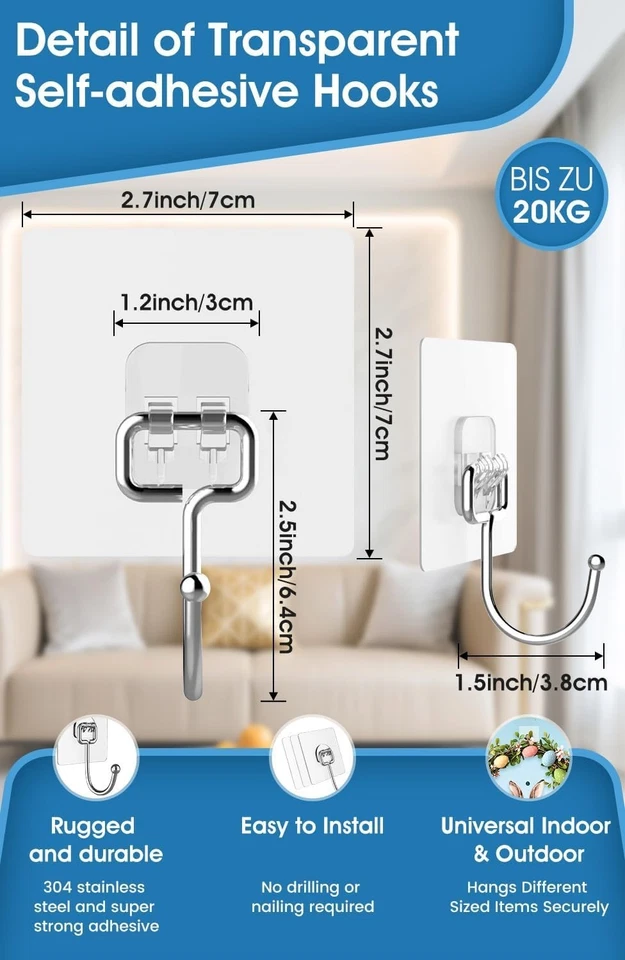 Klebehaken Extra Stark 8 Stück Selbstklebend 15kg Edelstahl Transparent für Bad - Bild 2 von 4