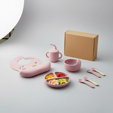 Pink Silicone Baby Feeding Set Suction Bowls Cups Spoon Fork Bib