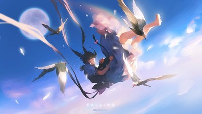 Anime Art 2D Portrait Falling Dress Barefoot Birds 11x17 Poster