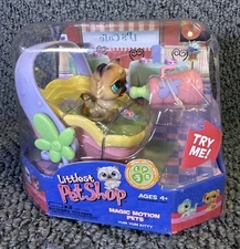 NOS Littlest Pet Shop #3 Yum Yum Kitty W Basket & Bottle 2005 Magic Motion