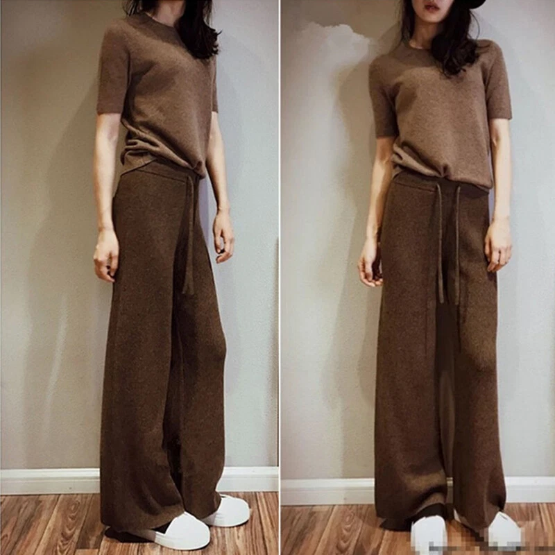 Stylish Women's 100% Cashmere Wool Wide Leg Pants High Waist Trousers Elegant - Image 2 of 4