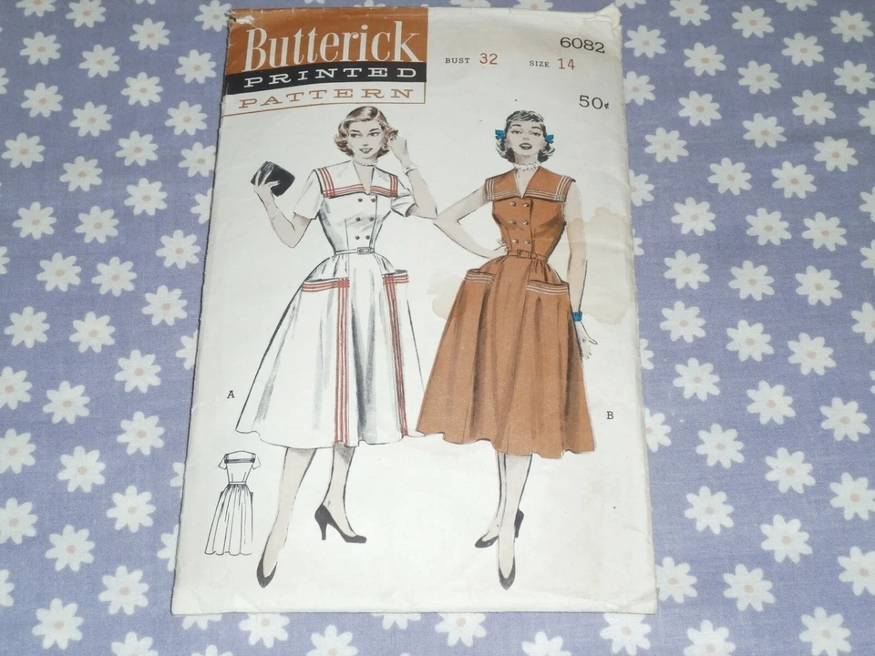 VTG BUTTERICK 6082 MISSES SAILOR COLLAR DBL BREASTED DRESS PATTERN-CUT-14/32 - Image 2 of 3
