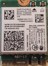 New Lenovo FRU 04X6076 Intel Wireless-AC 3160 3160NGW BT 4 NGFF P/N 8SSW10A11511