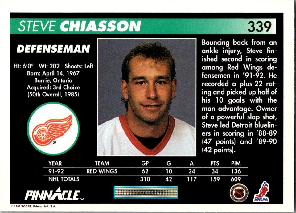 1992-93 Pinnacle - #339 Steve Chiasson - Image 2 of 2
