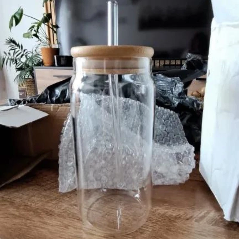 Tasse en verre 500ml avec couvercle et paille, idéale pour thé, jus, bière, café - Photo 2/4