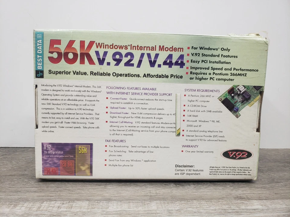 Best Data Smart One (56HP) 56 Kbps V.92/V.44 PCI Internal Modem *SEALED* See Pic - Image 2 of 4