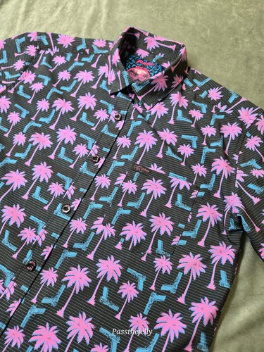 Retro Rifle Shirt Mens Medium Rising Palm Vice Hawaiian Tropical Midnight - Picture 2 of 11