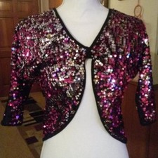 Gia-Mia L Child Small Woman Pink Blk Silver Bling Bolero No Tags 14"L 18"Bust