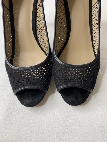 Tory Burch women pumps heels Elinor Laser-Cut peep-toe BLACK Suede Shoes sz 9.5 - Picture 5 of 12