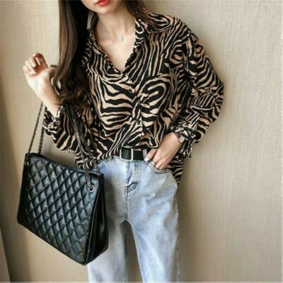 Women Chiffon Shirt Blouse Leopard Print Lady Tops Casual Long Sleeve Loose