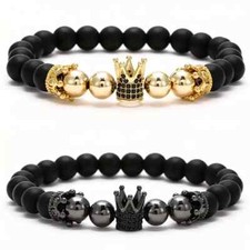 GOLD PLATED KING CROWN CUBIC ZIRCONIA CHARM HIP HOP BEADS CHAIN 8mm BRACELET