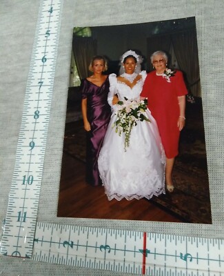 Vintage Photo  color Wedding Brude Dress Family Pose Inside Flowers Bouquet
