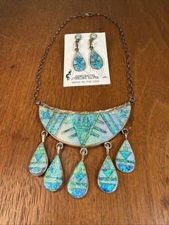 Native American Channel Opal Inlay Sterling Necklace & Earrings Vintage