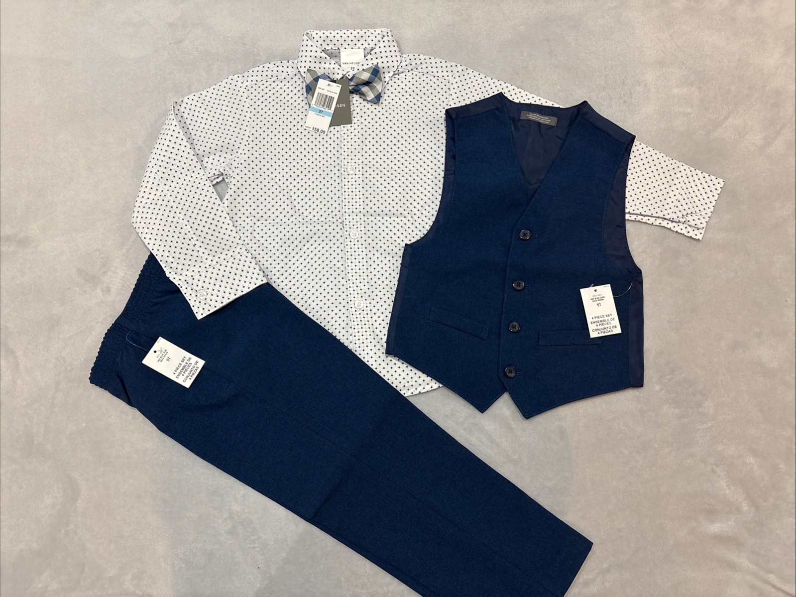 Van Heusen 4-PCS BOYS size 5T Suit Vest Pants w/ Bow Tie NAVY BLUE & White