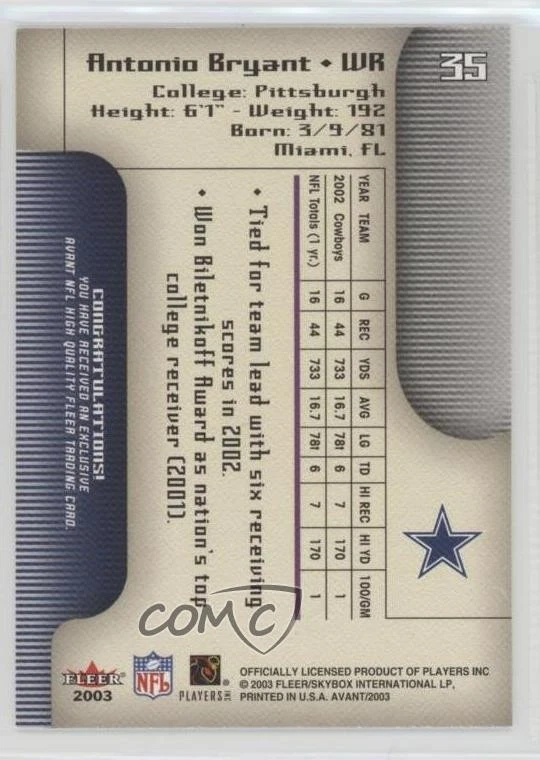 2003 Fleer Avant Antonio Bryant #35 - Image 2 of 2