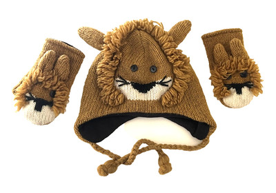 NIRVANNA DESIGNS NEPAL HAND KNIT WOOL LION HAT & MITTENS SET UNISEX TODDLER