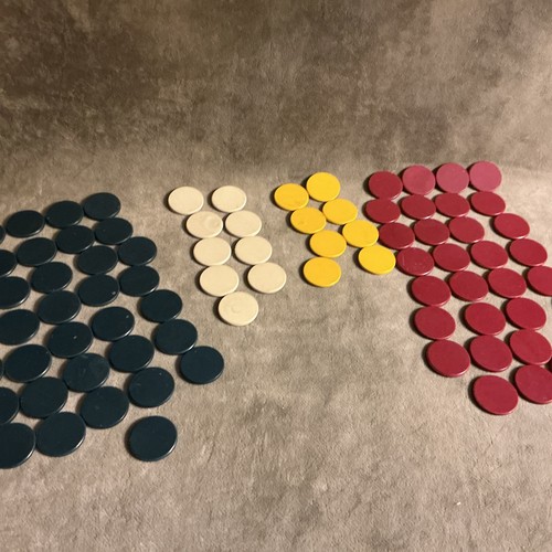 Antique Clay Mini Poker/Game Chips Red Yellow Cream And Blue Colors Lot 