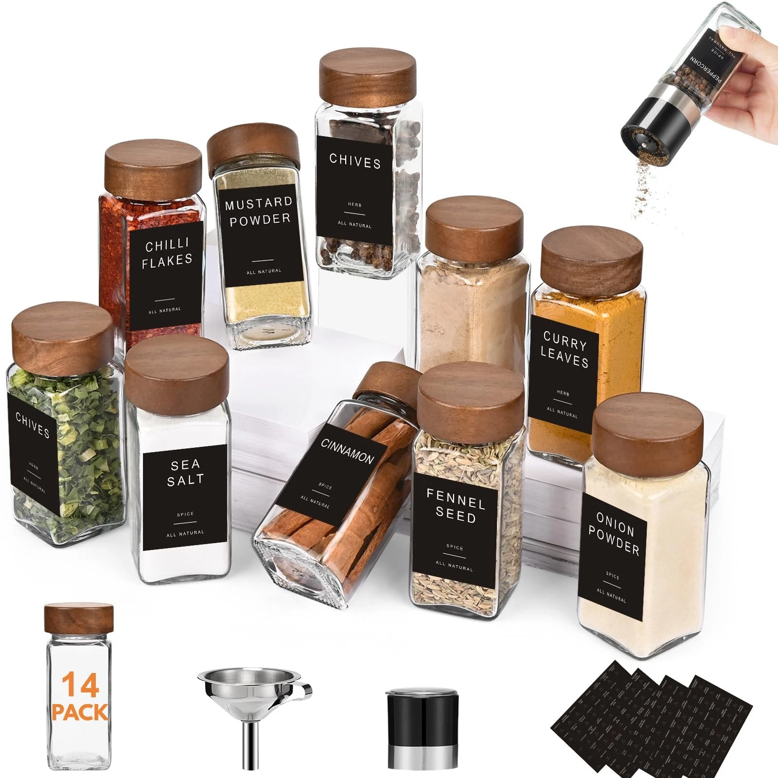 Glass Spice Jars with Labels: 14pc 4oz Square Seasoning Storage Containers wi...