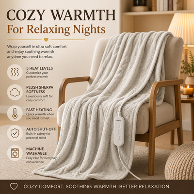 Cozy Heated Sherpa Blanket Ultra Soft Electric Throw 5 Heat Levels