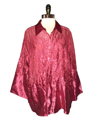 AVENUE Plus Size 2X 18W 20W Blouse Shirt Top Red Burnout Satin Long Sleeve