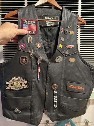 Vintage Veterans Leather Vest size L Harley Davidson Owners Patch With Pins