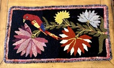 One Of A Kind Hand Hooked Parrot Bird Flower Wall Hanging/ Small Rug 31”x17”
