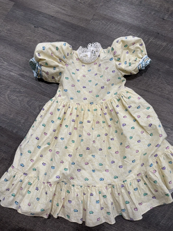 Vintage daisy kingdom Factory dress Sweetheart Yellow Eyelet Size 4T Hearts 1990 - Image 2 of 4