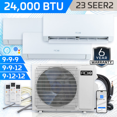 ACiQ 24000 BTU Tri Zone Ductless Mini Split Heat Pump Air Conditioner System Kit