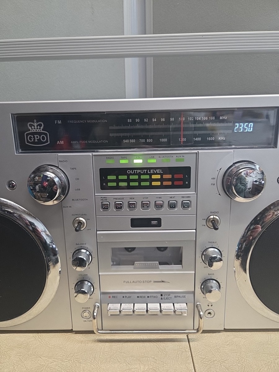 GPO Brooklyn Retro Portable Boombox Silver Radio Cassette/CD/BT