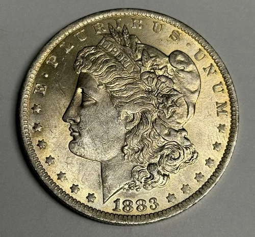 Toned AU 1883-O Morgan Silver Dollar (minor scrapes) U.S. $1 Coin Almost UNC