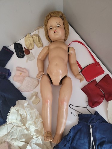Vintage Composition Strung 18" Doll + 36 Clothing Or Accessories Pieces READ - Picture 2 of 18