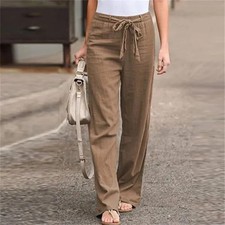 Women Cotton Linen Pants Summer Fashion Elastic Waist Loose Straight Pants