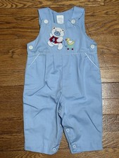 Vintage Boys 6-9M Baby Blue Cotton/Poly Button Overalls with Teddy Bear Design