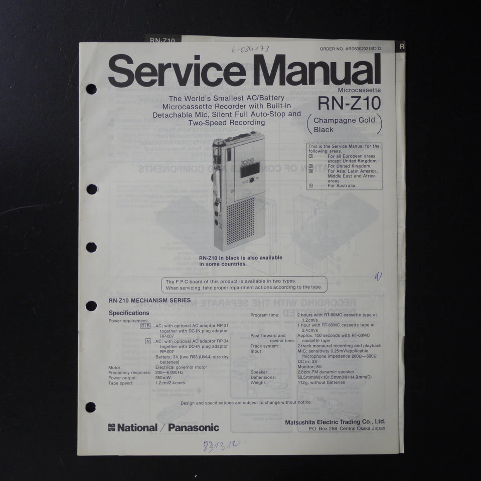 Original NATIONAL/ PANASONIC RN-Z10 Microcassette Corder /Service Manual-S35 - Bild 1 von 1
