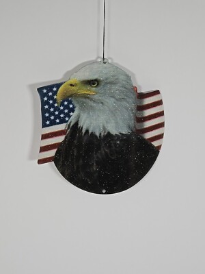 Bald Eagle With American Flag Metal Hanging Decoration Ornament Patriotic