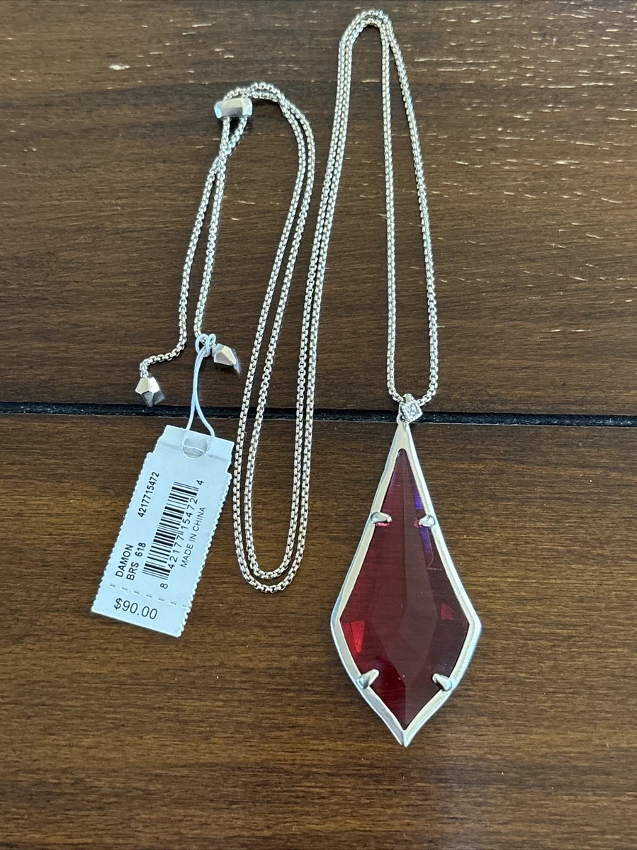 NWT Kendra Scott Damon Long Pendant Necklace Brass Red Clear Berry
