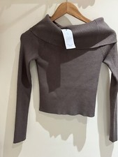 New Look Jumper Size 8 New Brown Rib Knit Bardot Long Sleeve Stretch