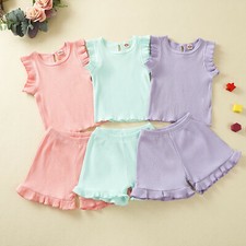 Toddler Infant Baby Boys Girls Solid Ribbed T-Shirt Tops Solid Short Sets