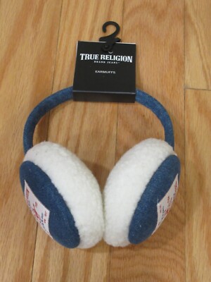 True Religion Womens Sherpa Lined Earmuffs Dark Blue Denim 