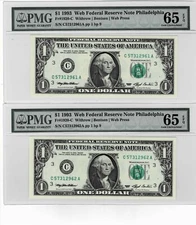 1993 $1 Federal Reserve 'WEB'Notes-PHILLY-(2 Consecutive) Run 9- 1/9-PMG 65 EPQ