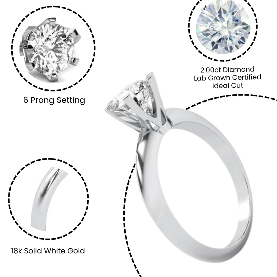 2Ct D VS1 Diamond Engagement Rings IGI Certified Round Lab Grown 18K White Gold - Image 2 of 4