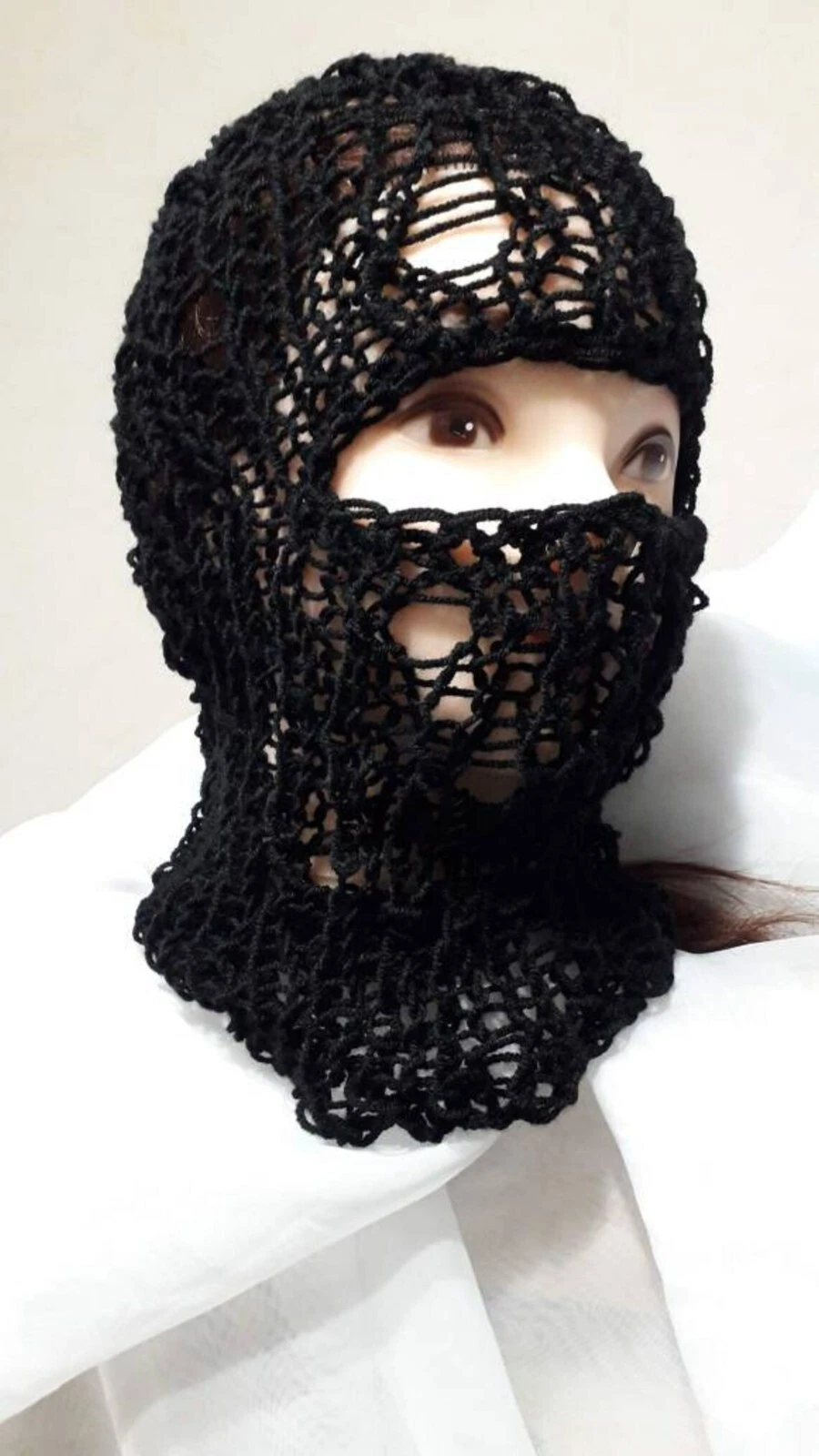 Black Handknit Balaclava Handmade Goth Festival Hood Mask