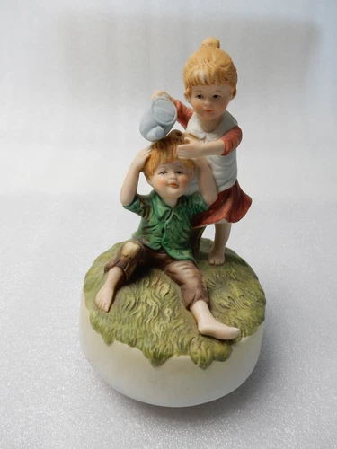 Vintage Estate Porcelain Revolving Musical Figurine Girl Pours Water On Boy