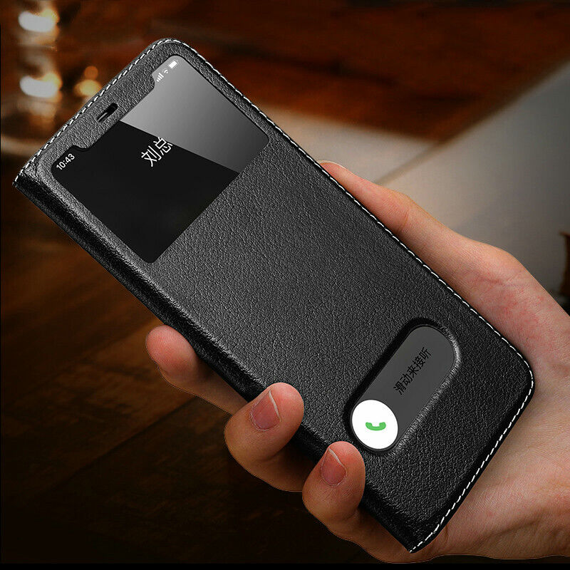 Genuine Leather Flip Case iPhone 14 Pro Max 13 Slide Window View Holder Cover | eBay