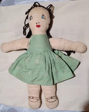 Vintage Hand Made Cloth Rag Doll Embroidery Face Farm/Cottage/Gingham Sewn Used