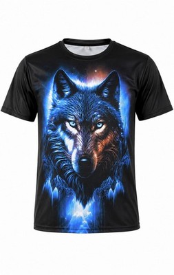 T-Shirt Wolf 3D Print Herren Damen Schwarz Polyester Kurzarm Freizeit Neu. Gr L