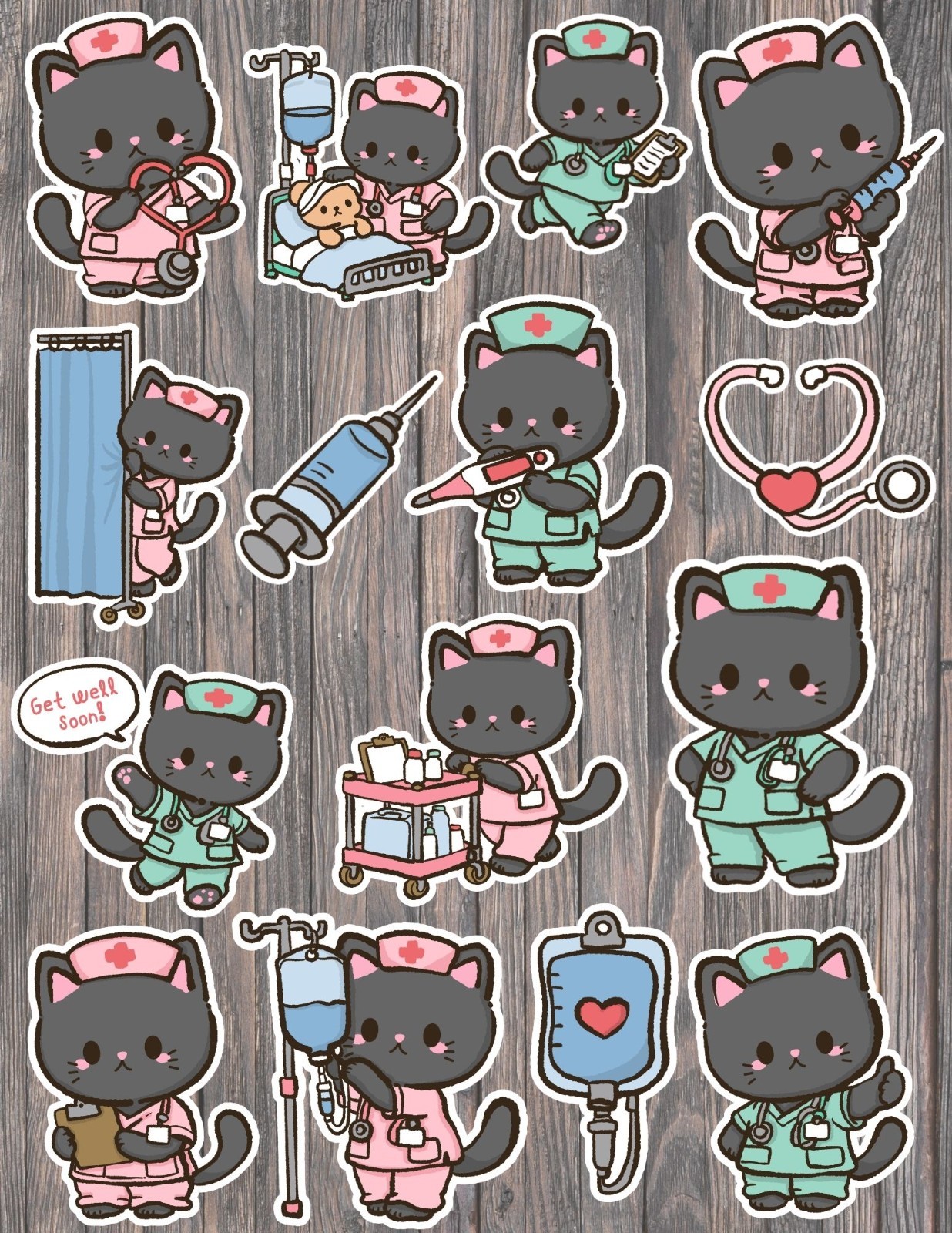 Nurse Kitten Die Cut Vinyl Stickers Set Scrapbooking Laptop 